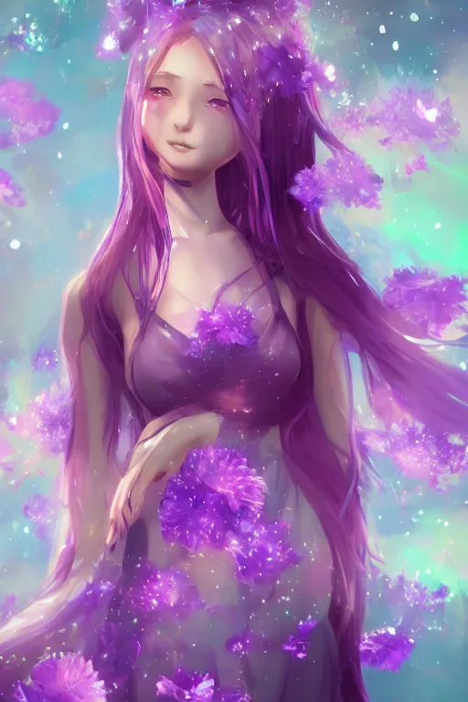 Image similar to 4k detailed portrait of a beautiful intimate woman with long purple cosmic hair and a beautiful flower dress covered in stars, by Ross Tran and Kuvshinov Ilya Anime, volumetric lighting, trending on artstation