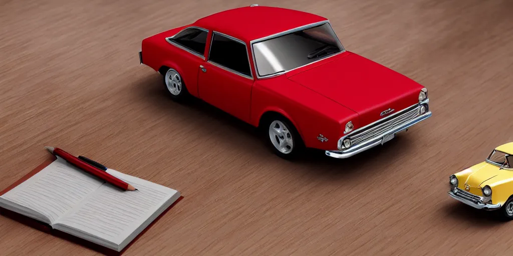 Image similar to a small miniature of a red Chevrolet Opala near a book and a pencil on a wooden table, hyperrealistic, concept art, octane render, unreal engine 5, path tracing, complementary colours, high quality, highly detailed, 4K, symmetrical, low contrast, centered, house interior background