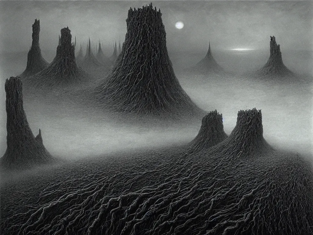 Image similar to a dark dystopian fantasy landscape, by zdzisław beksinski and hr giger, horror, epic