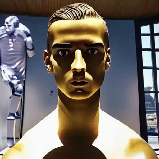 Image similar to “ a realistic detailed photo of a guy who is an attractive humanoid who is half robot and half humanoid, who is a male android, soccer player antoine griezmann, shiny skin, posing like a statue, blank stare, at the museum, on display ”