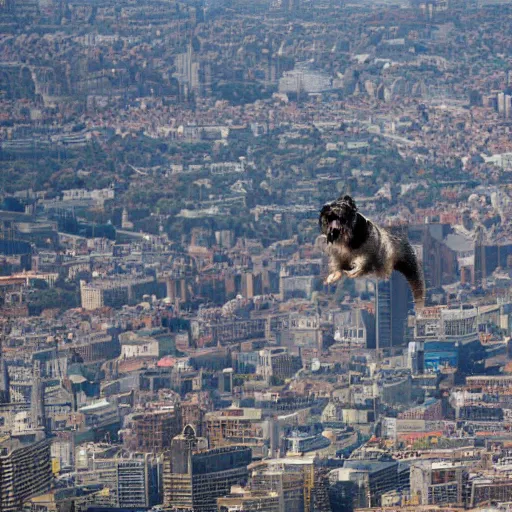 Image similar to a zwerg schnauzer flies over the city in a super cape