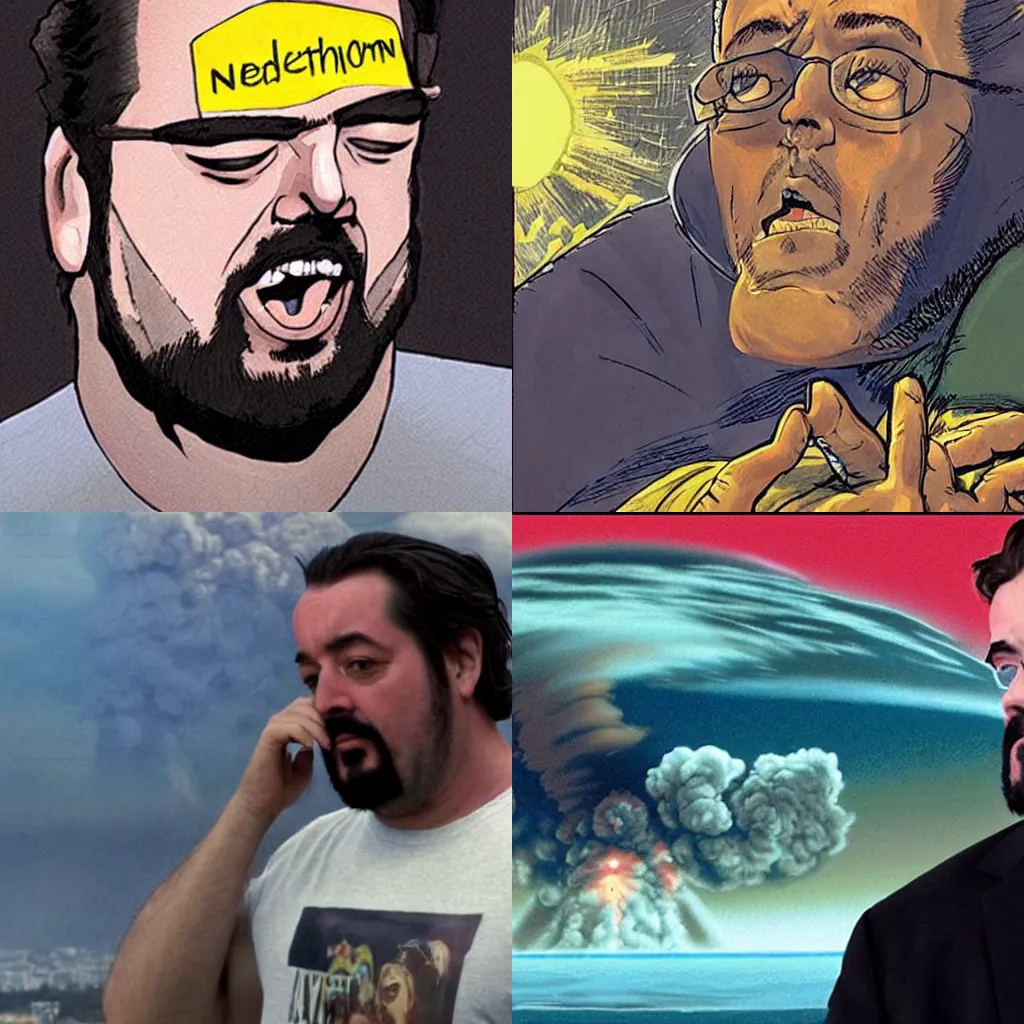 Prompt: kevin smith watching nuclear explosion and crying , photorealistic