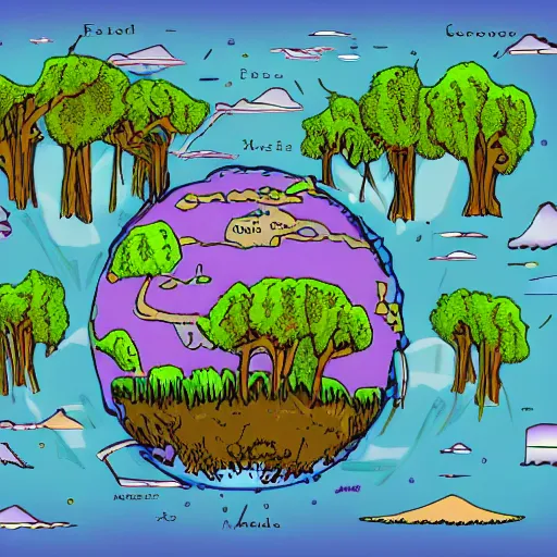 Image similar to a map of a world with trees, large eyes, purple swamps, a nuclear explosion, violet sunrises, and scientific computer components everywhere