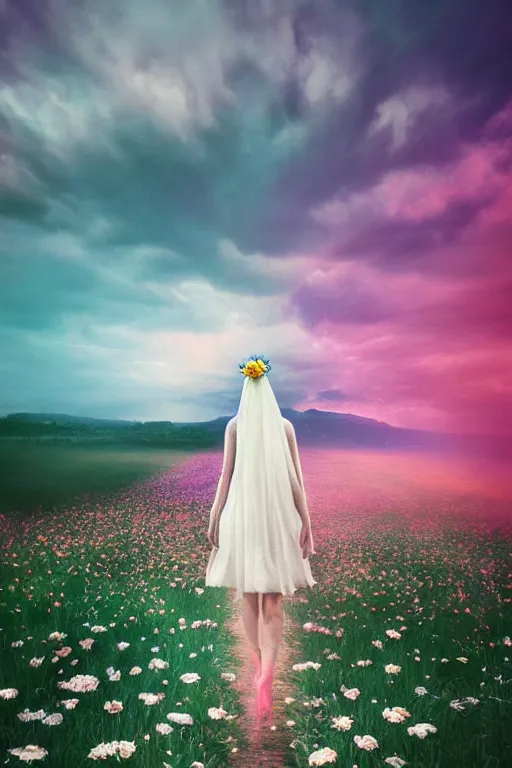 Image similar to giant white flower crown as head, veil girl walking in a flower field, surreal photography, sunrise, dramatic light, impressionist painting, colorful clouds, digital painting, artstation, simon stalenhag