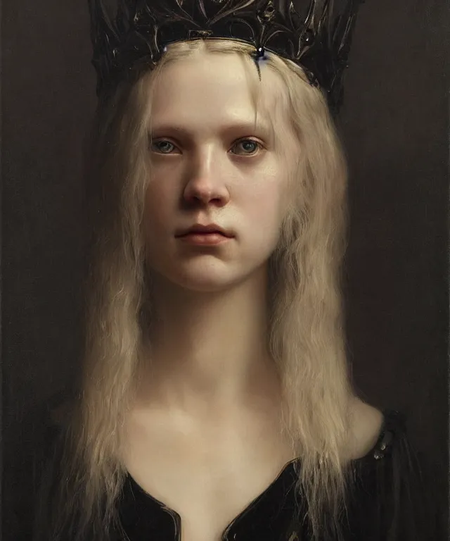 Prompt: the portrait of hunter schafer!!!!!!!!!!!!!!!!!!!!!!!!! in black wax crown by roberto ferri, dark fantasy, witcher, very detailed oil painting, masterpiece, 8 k