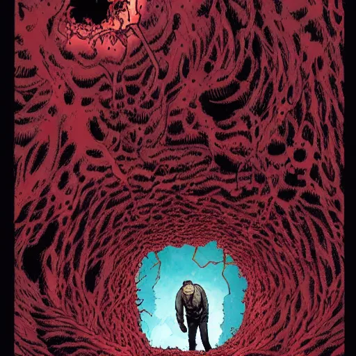 Prompt: ryan reynolds entering a chasm full of unspeakable cosmic horrors, horror, blood red, terrifying atmosphere, atmospheric, by junji ito, 8 k