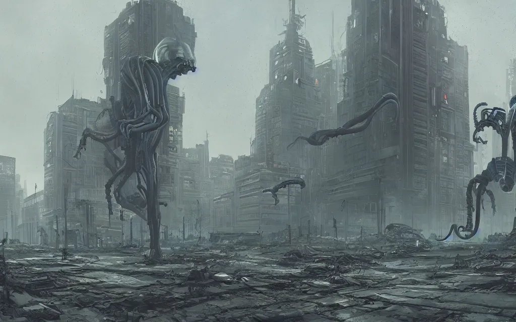 Image similar to a Xenomorph in a post apocalyptic city. Digital art, Simon Stålenhag.