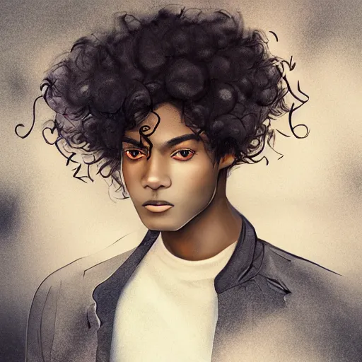 Prompt: beautiful 16 year old black boy dressed in spring wear, portrait, kpop idol, model, short curly hair like Michael Jackson, beautiful face like Zendaya, rule of thirds, trending on pixiv, trending on deviantart, 8k character concept, symmetrical facial features, by Charlie Bowater, dramatic lighting, forest background, raining, proportionate, trending on artstation