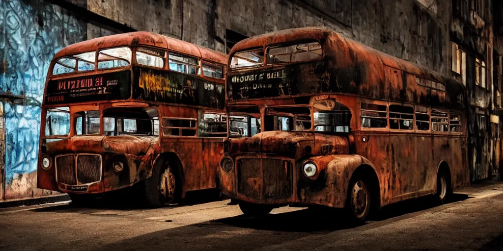 Image similar to a widescreen photo of a old rusty double - decker bus in a dark alley, low light, by steve mccurry