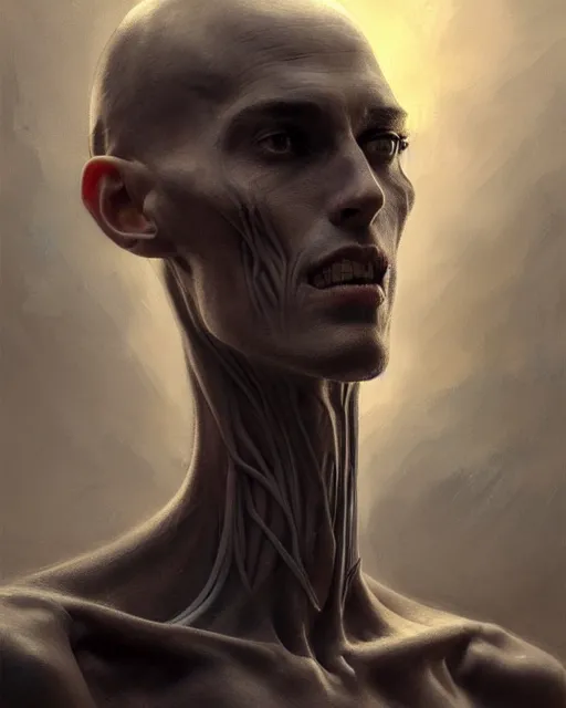 Image similar to epic portrait cinematic shot an skinny tall creature with long arms, long neck, bald, covered in dark substance, fine details. night setting. realistic shaded lighting poster by craig mullism, artgerm, jeremy lipkin and michael garmash, unreal engine, radiant light, detailed and intricate environment, digital art, trending on art station,