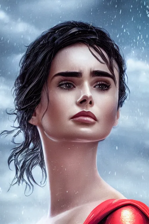 Image similar to a fancy close up of Man of Steel cast as Lily Collins by Greg Rutkowski, Sung Choi, Mitchell Mohrhauser, Maciej Kuciara, Johnson Ting, Maxim Verehin, Peter Konig, 8k photorealistic, cinematic lighting, HD, high details, dramatic, trending on artstation, full body shot