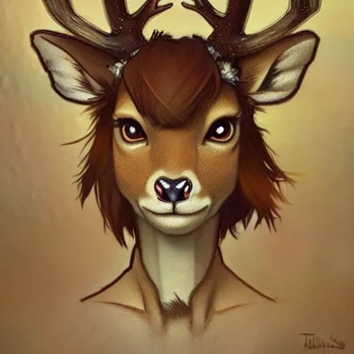 Image similar to anthropomorphic shy and nerdy deer with exquisite antlers. Renowned character illustration by greg rutkowski, thomas kindkade, alphonse mucha, loish, norman rockwell. Trending on FurAffinity.