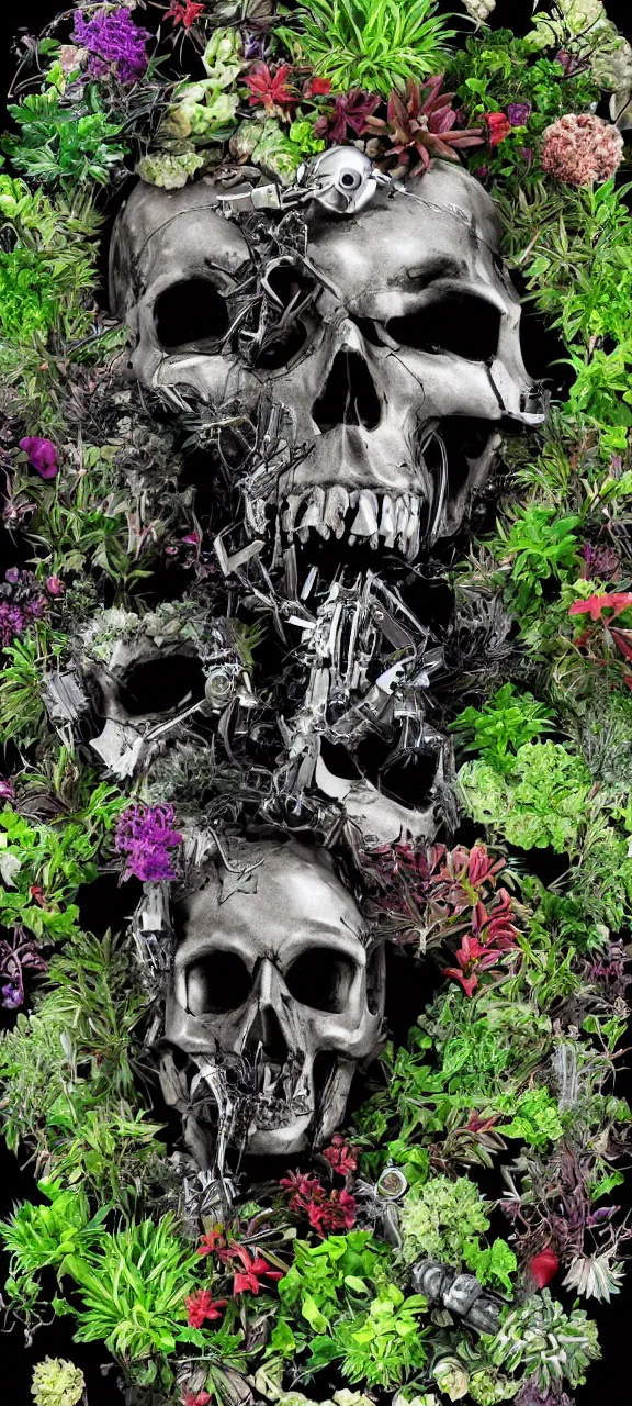 Image similar to robot skull degraded and filled with plants, stunning, 4 k, detailed,