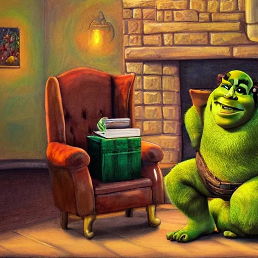 Prompt: !dream happy Shrek with brown hair sitting by the fireplace, reading a book, drinking tea, in a comfortable chair, cozy atmosphere, home, warm hues, oil painting, realistic