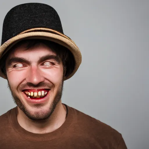 Prompt: a man wearing a hat made out of teeth