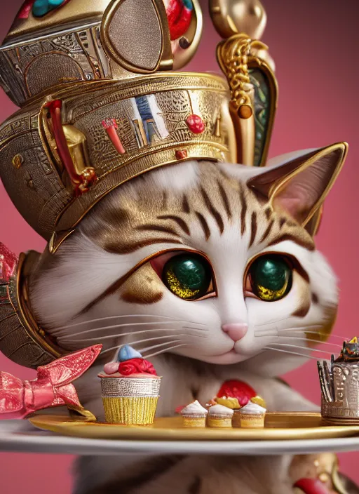 Image similar to highly detailed closeup, portrait of a tin toy egyptian cat goddess eating cakes, unreal engine, nicoletta ceccoli, mark ryden, earl norem, lostfish, global illumination, detailed and intricate environment