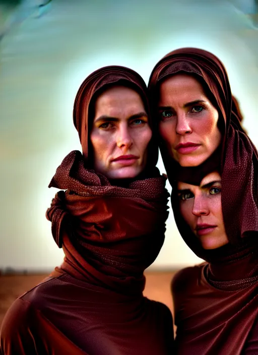 Image similar to cinestill 5 0 d candid photographic portrait by steve mccurry of two loving female androids wearing rugged black mesh techwear on a desolate plain with a red sky, extreme closeup, modern cyberpunk, dust storm, 8 k, hd, high resolution, 3 5 mm, f / 3 2, ultra realistic faces, ex machina