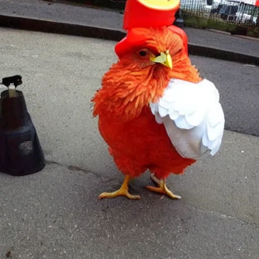 Image similar to chicken dressed as an inmate, real photo