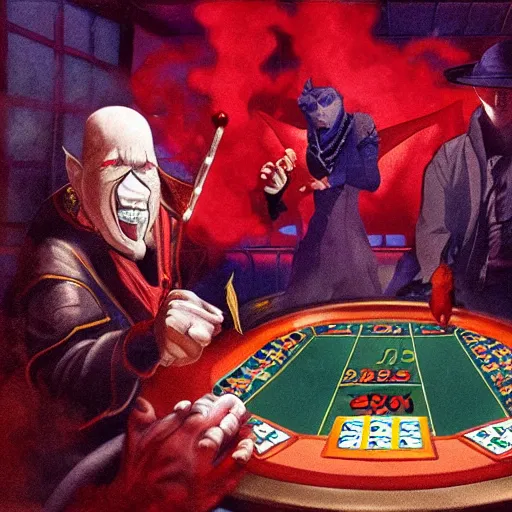 Image similar to a charismatic solid gold demon in a fantasy gambling den, red mist surrounding, studio gibli