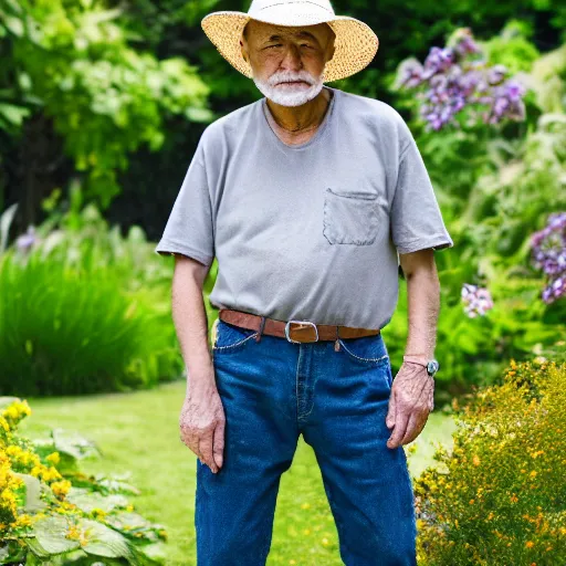 Prompt: portrait of an old man in with short grey hair and no beard wearing a straw hat standing in a garden, yellow t shirt, jeans, brown leather shoes, photography, high detail,