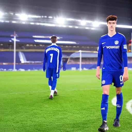 Image similar to kai havertz walking into the stamford bridge stadium, crowd cheering, bright lights, clear image, award winning dslr photography, global illumination, radiant lighting