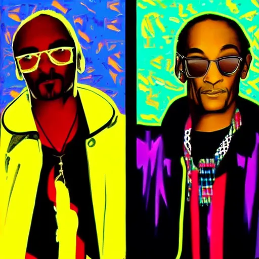 Image similar to 90s style pop art of Phil Collins and Snoop Dogg standing next to each other in the background of never gonna give you up song