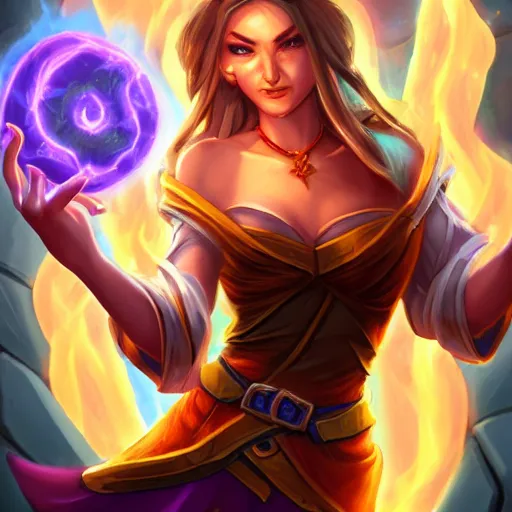 Image similar to hearthstone official professional art. a sorceress, wearing a robe casting a fire ball. insanely coherent physical body parts ( face, arms, legs, hair, eyes, pupil, eye white ). full body realistic, sharp focus, 8 k high definition, insanely detailed, intricate, elegant, smooth, sharp focus, illustration, artstation