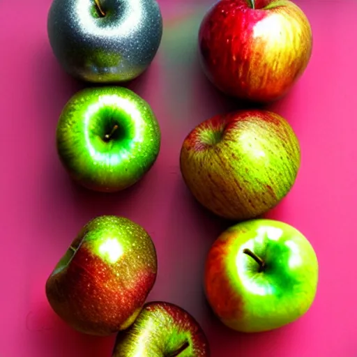 Prompt: rainbow metallic apples, cookbook photo