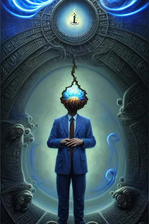 Prompt: The Network Admin, tarot card, by tomasz alen kopera and Justin Gerard, computer, short hair, business suit, clipboard, symmetrical features, ominous, magical realism, texture, intricate, ornate, royally decorated, whirling blue smoke, embers, radiant colors, fantasy, trending on artstation, volumetric lighting, micro details, 3d sculpture, ray tracing, 8k, anaglyph effect