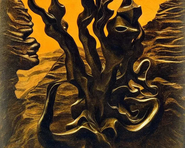 Image similar to by szukalski, by francis bacon, mystical redscale photography evocative. a beautiful carved kinetic sculpture of a gold and obsidian brutalist exploded humanoid diagram tree of evolution - like creature, standing in front of a castle atop a cliff.