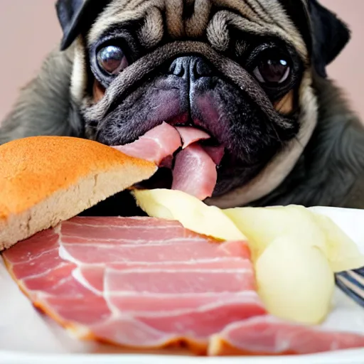 Image similar to fat pug eating a slice of ham