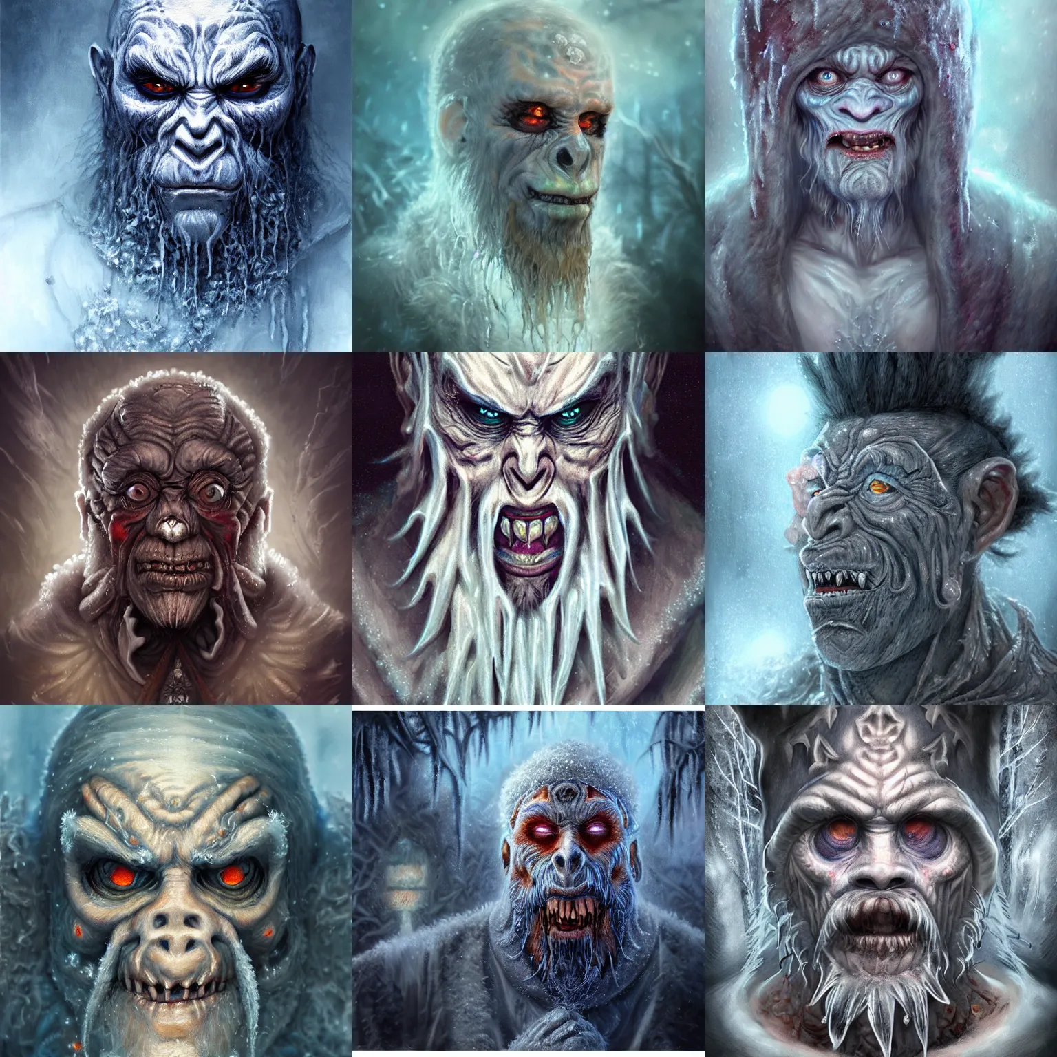 Prompt: a wlop 3 d render of very very very very highly detailed beautiful mystic portrait of a horror frost phantom ape demon with tattoos and frosty background by anton pieck, intricate, extremely detailed, digital painting, artstation, concept art, smooth, sharp focus, illustration, intimidating lighting, incredible art,