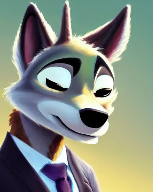 Image similar to oil painting of anthromorphic female wolf, in style of zootopia, female fursona, furry, furaffinity, 4 k, deviantart, furry art, fursona art, wearing black business suit, business suit, wolf fursona, female, smug expression,