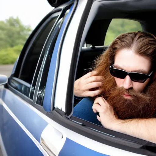 Prompt: a photo of a handsome guy with chestnut hair long hair short beard glasses being kindapped in the trunk of a car with tape shutting his mouth