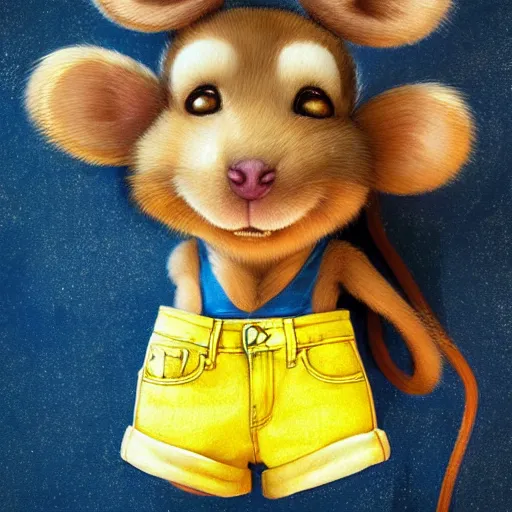 Image similar to anthropomorphic mouse wearing denim short shorts and yellow tank top, short blond fur, highly detailed, artgerm style, artstation, soft light, sharp focus, illustration, character design, concept art