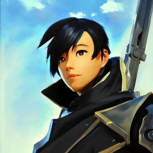 Image similar to greg manchess portrait painting of kirito as overwatch character, medium shot, asymmetrical, profile picture, organic painting, sunny day, matte painting, bold shapes, hard edges, street art, trending on artstation, by huang guangjian and gil elvgren and sachin teng