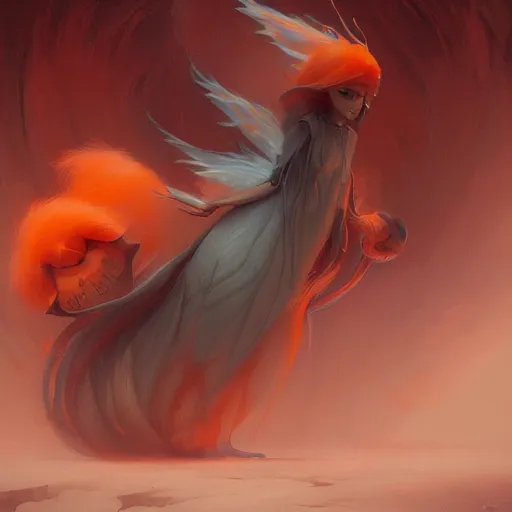 Image similar to prompt A beautiful red orange fluffy kumiho, concept art, matte painting, by Peter Mohrbacher