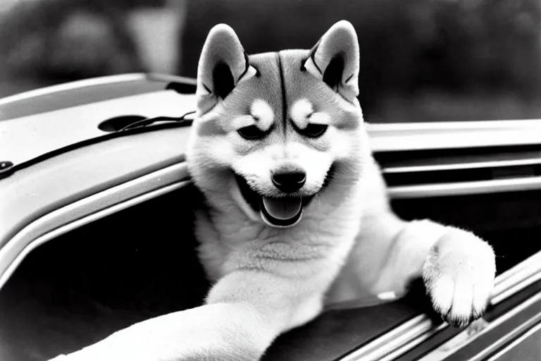 Image similar to picture of a shiba inu driving a car, 1 9 7 0 s