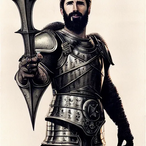 Prompt: half length portrait of chris evans as a martial cleric in plate armor, morningstar, d & d, medieval, fantasy, greg rutkowski, frank frazetta, alexandre chaudret, boris vallejo, michael whelan, miro petrov, hr giger