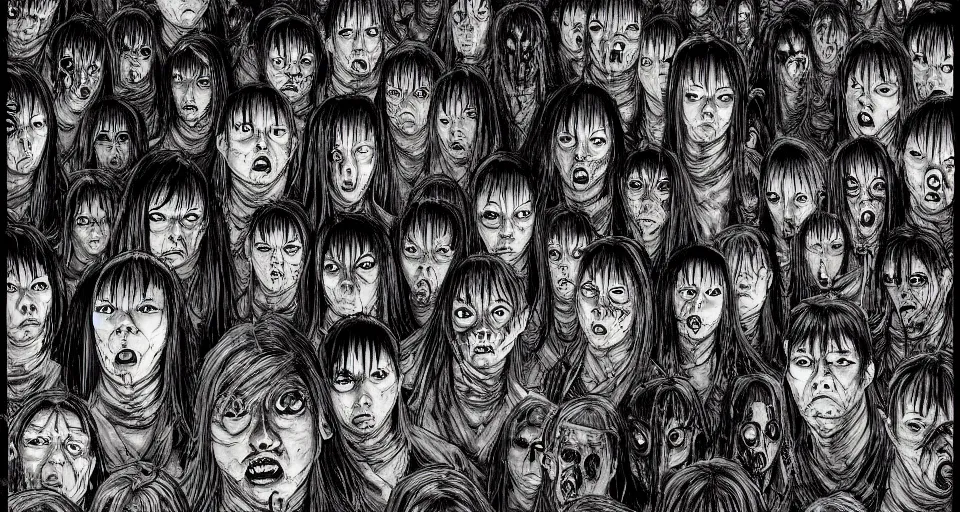 Image similar to a room with walls made from human faces, by junji ito and david lapham, hand drawn art, comic book, anime concept art, gritty, body horror, moody colors, trending on artstation, ultra high detail, focused