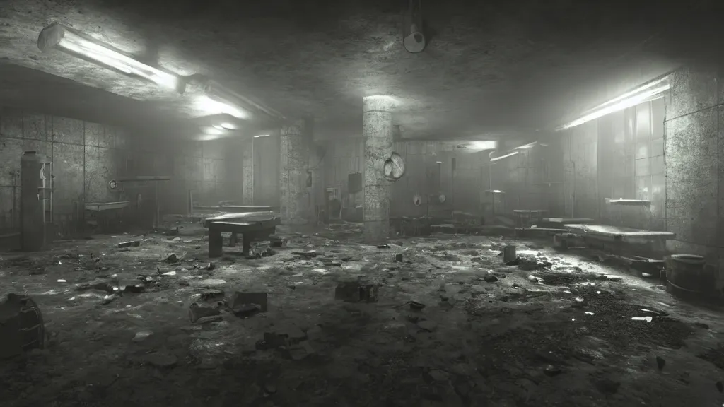 Image similar to a dark ransacked underground laboratory, photorealistic, cryengine 8 k uhd