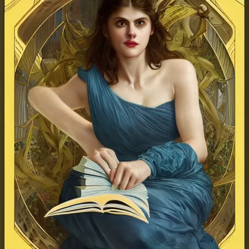 Prompt: a smiling alexandra daddario wearing a yellow dress and reading a book, masterpiece, intricate, elegant, highly detailed, digital painting, artstation, concept art, smooth, sharp focus, illustration, art by artgerm and greg rutkowski and alphonse mucha and uang guangjian and gil elvgren and sachin teng, symmetry!!