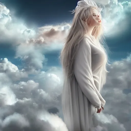 Image similar to goddess wearing a cloud fashion on the clouds, photoshop, colossal, creative, albino skin, giant, digital art, photo manipulation, clouds, covered in clouds, girl clouds, on clouds, covered by clouds, a plane flying, white hair, digital painting, artstation