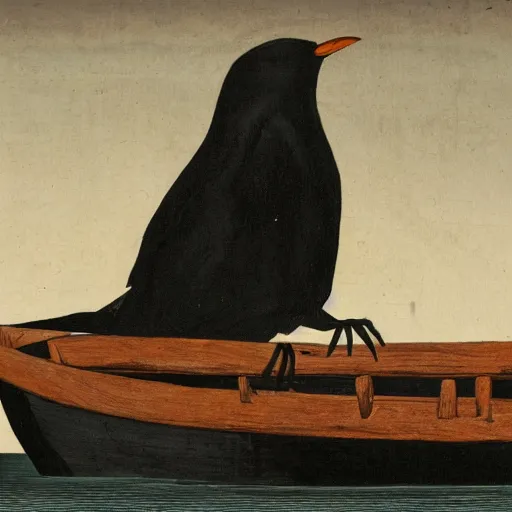 Image similar to a black bird standing at the helm of a wooden rowboat filled with people sailing towards a ancient sailboat