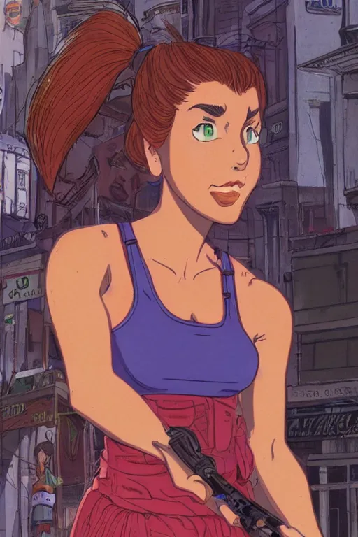 Prompt: portrait of an attractive young female protagonist, center focus, ponytail, skirt, tank - top, in city street, detailed face, artwork by ralph bakshi