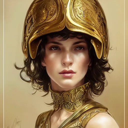 Image similar to an attractive young female wearing an ornate metallic helmet, olive skin, long dark hair, beautiful bone structure, intricate, elegant, highly detailed, digital painting, artstation, concept art, smooth, sharp focus, illustration, art by artgerm and greg rutkowski and alphonse mucha