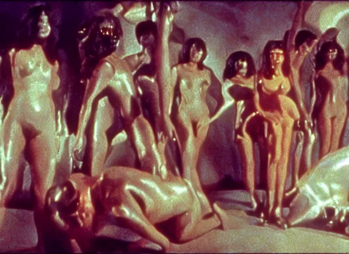 Prompt: wild underground scene from a 7 0's movie by chris cunningham, kenneth anger and alejandro jodorowsky : : surreal dream scene of actresses turning into mechanicall animals in a studio setting : : technicolor 4 k