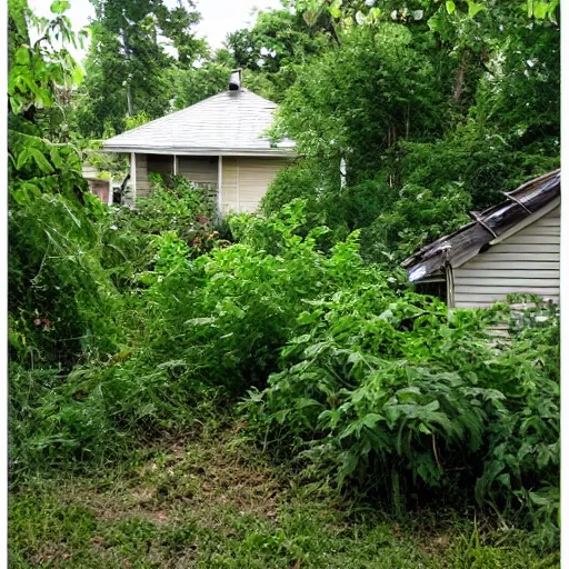 Prompt: poor neighborhood, overgrown, photo taken from a porch