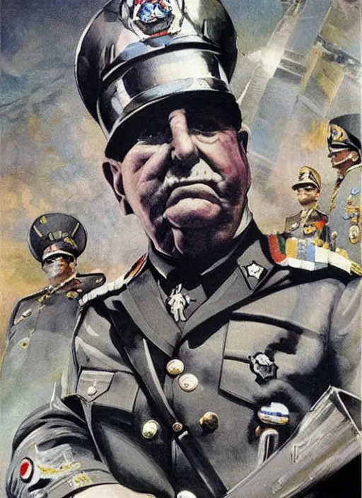 Image similar to pinochet as a cyborg as the dictator of chile illustrations by john berkey