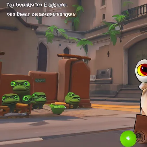 Image similar to Screenshot of Pepe the frog as an Overwatch hero